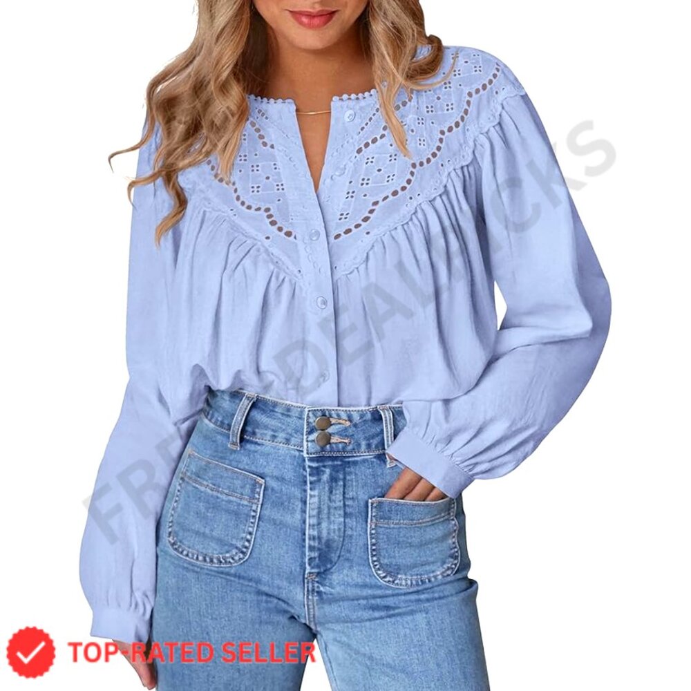 Lace Button Down Blouse Boho Chic Lantern Sleeve Lightweight Top Loose Fit